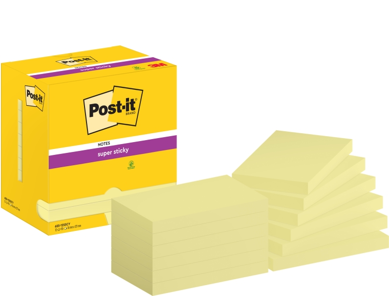 Post-It Super Sticky Confezione da 12 blocchi da 90 foglietti adesivi riposizionabili - Forma rettangolare - 76x127 mm - Colore giallo chiaro