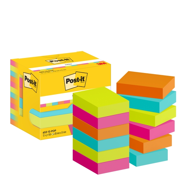 Confezione Post-It da 12 blocchi da 100 foglietti adesivi riposizionabili - Forma rettangolare - 38x51 mm - Colori assortiti