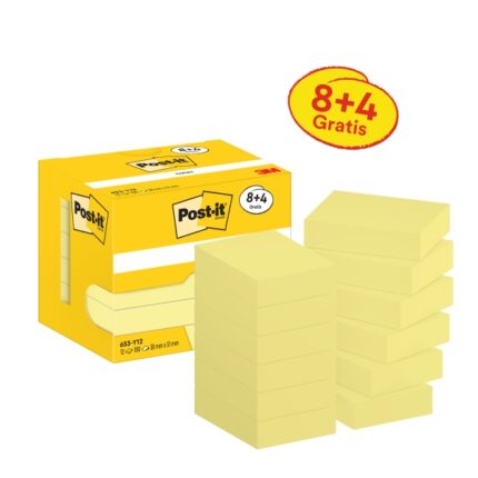 Confezione Post-It da 12 blocchi da 100 foglietti adesivi riposizionabili - Forma rettangolare - 38x51 mm - Colore giallo chiaro