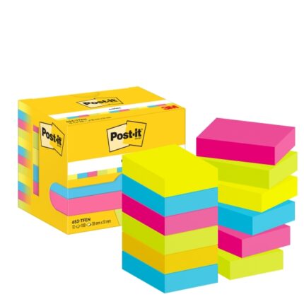 Post-It Confezione da 12 blocchi da 100 foglietti adesivi riposizionabili 38x51 mm - Forma rettangolare - Scatola dispenser - Colori assortiti