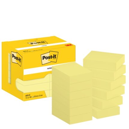 Confezione Post-It da 12 blocchi da 100 foglietti adesivi riposizionabili 38x51 mm - Forma rettangolare - Scatola dispenser - Colore giallo chiaro
