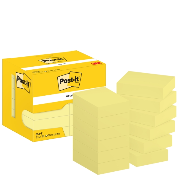 Confezione Post-It da 12 blocchi da 100 foglietti adesivi riposizionabili 38x51 mm - Forma rettangolare - Scatola dispenser - Colore giallo chiaro
