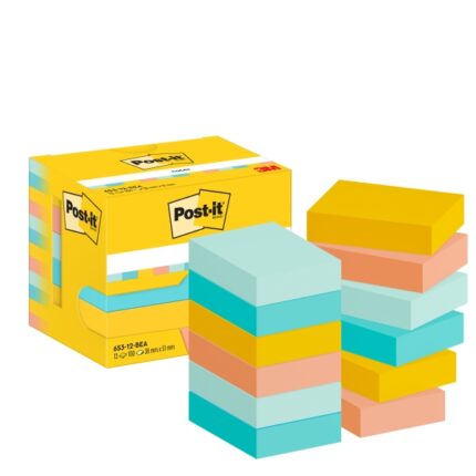 Confezione Post-It da 12 blocchi da 100 foglietti adesivi riposizionabili - Forma rettangolare - 38x51 mm - Colori assortiti