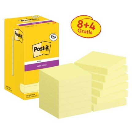 Post-It Super Sticky Confezione da 12 blocchi da 90 foglietti adesivi riposizionabili - 76x76 mm - Promozione 8 blocchi + 4 in omaggio - Colore giallo chiaro