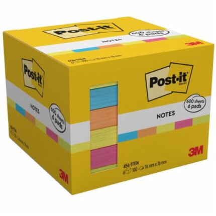 Confezione Post-It da 6 blocchi da 100 foglietti adesivi riposizionabili - Forma quadrata - 76x76 mm - Colori assortiti