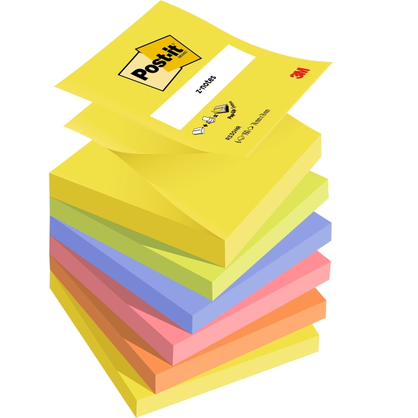 Confezione Post-It da 6 blocchi da 100 Z-Note adesive riposizionabili 76x76 mm - Forma quadrata  - Colori assortiti