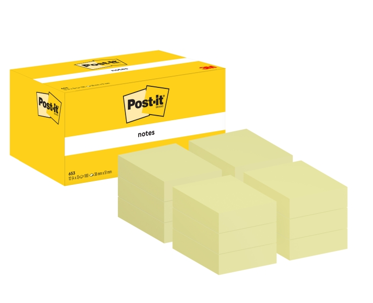 Post-It Confezione da 12 blocchi da 100 foglietti adesivi riposizionabili 38x51 mm - Forma rettangolare - Colore giallo chiaro