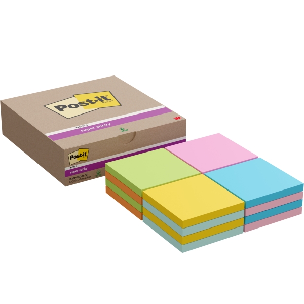 Post-It Super Sticky Confezione da 16 blocchi da 90 foglietti adesivi riposizionabili - 76x76 mm - Colori assortiti