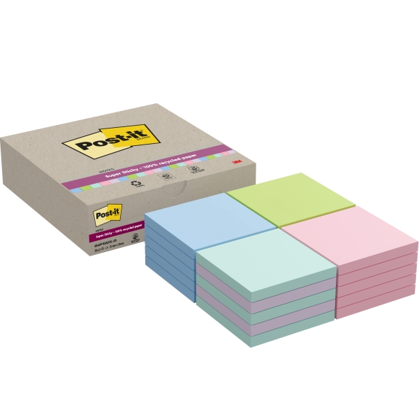 Post-It Super Sticky Confezione da 20 blocchi da 70 foglietti adesivi riciclati - Forma quadrata - 76x76 mm - Colori assortiti