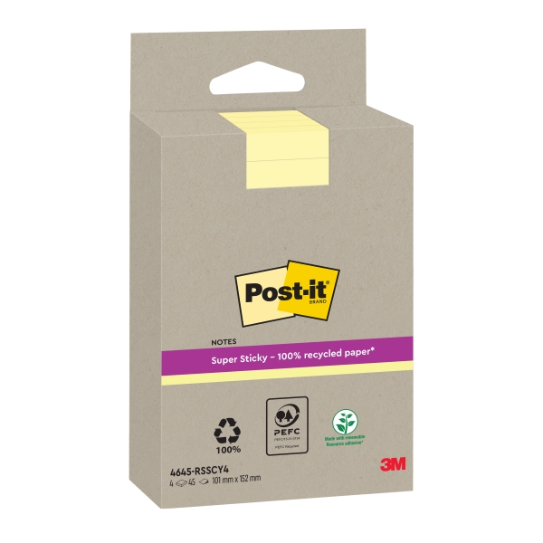 Post-It Super Sticky Confezione da 4 blocchi da 45 foglietti adesivi riciclati - Forma rettangolare - 102x152 mm - Colore giallo chiaro