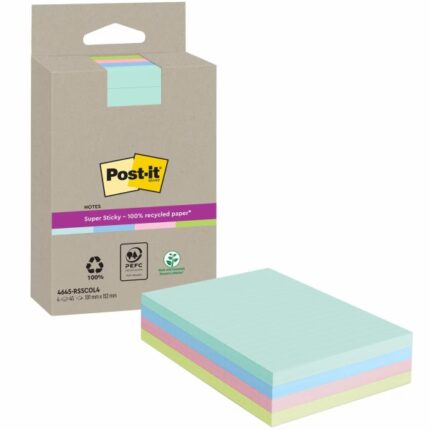 Post-It Super Sticky Super Sticky Confezione da 4 blocchi da 45 foglietti adesivi riciclati - Forma rettangolare - 102x152 mm - Colori assortiti