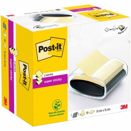 Post-It Super Sticky Dispenser con blocco da 90 Z-Note adesive - Dispenser Pro - Forma quadrata - 76x76 mm - Colore nero