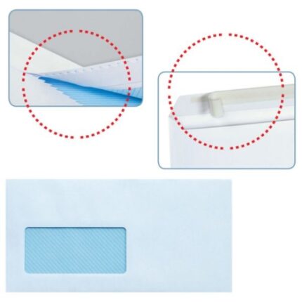 Confezione da 500 buste americane in carta offset da 90 g con finestra a sinistra - Dimensioni 115x225 mm - Autoadesive con striscia in silicone - Colore bianco