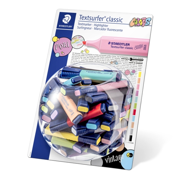 Staedtler Textsurfer Classic 364 Espositore da 100 evidenziatori fluorescenti - Punta smussata 1 - 5 mm circa - Asciugatura rapida - Colori pastello e vintage assortiti