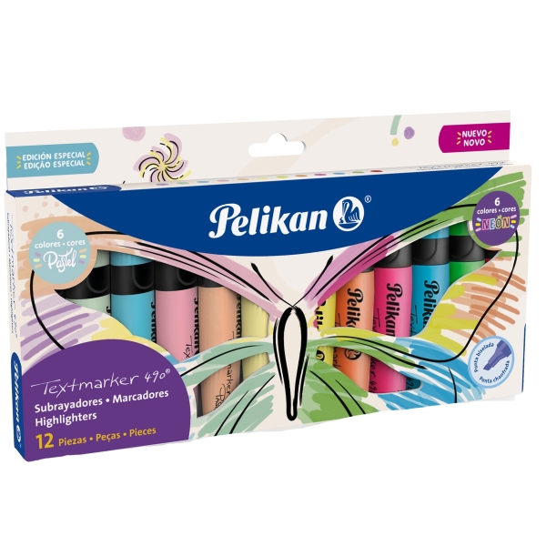 Pelikan Textmarker 490 Confezione da 12 evidenziatori fluorescenti - A base d'acqua - 3 larghezze di tratto - Colori fluorescenti e pastello assortiti