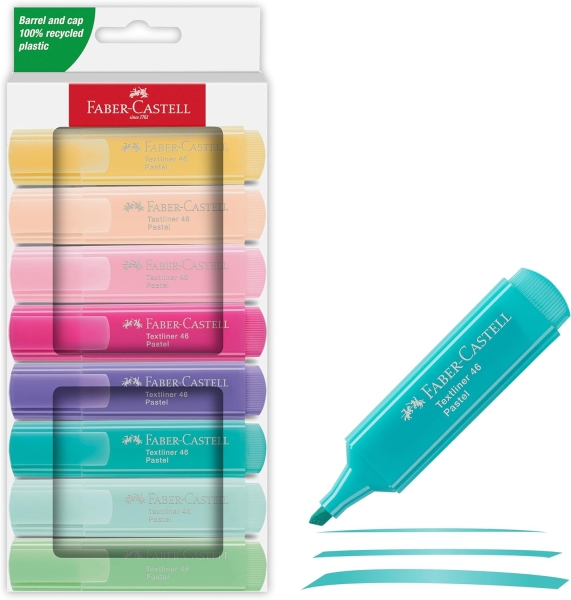 Faber-Castell Textliner 46 Pastel Confezione da 8 pennarelli fluorescenti - Punta smussata - Tratto tra 1 mm e 5 mm - Inchiostro a base d'acqua - Colori assortiti Faber-Castell Textliner 46 Pastel Confezione da 8 pennarelli fluorescenti - Punta smussata - Tratto tra 1 mm e 5 mm - Inchiostro a base d'acqua - Colori assortiti