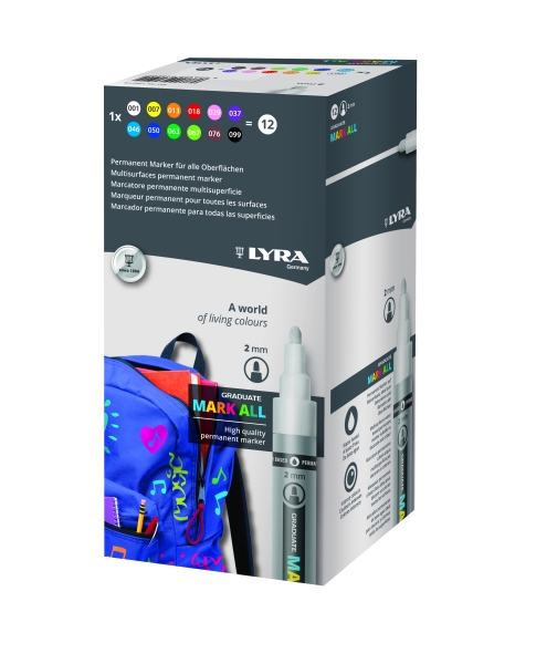 Lyra Mark All Confezione da 12 pennarelli indelebili - Multisuperficie - Punta tonda - 2 mm - Colori assortiti Lyra Mark All Confezione da 12 pennarelli indelebili - Multisuperficie - Punta tonda - 2 mm - Colori assortiti