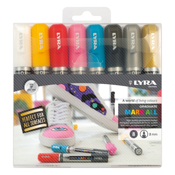 Lyra Mark All Confezione da 8 pennarelli indelebili - Multisuperficie - Punta tonda - 2 mm - Blister - Colori assortiti