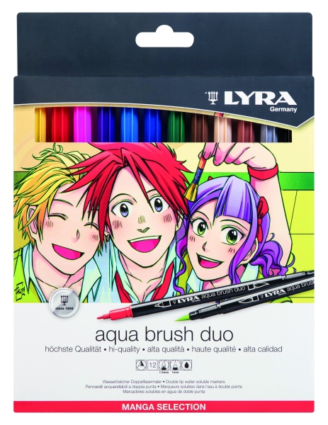 Lyra Aqua Brush Duo Manga Confezione da 12 pennarelli a pennello - Rotondi - Doppia punta - Pennello e punta fine - Colori assortiti