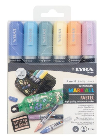 Lyra Mark All Confezione da 6 pennarelli indelebili - Multisuperficie - Punta tonda - 2 mm - Colori pastello