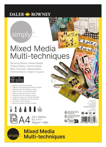Daler Rowney Simply Bloc Incollato Mix Media - A4 - 160 g - 30 fogli - Colore bianco