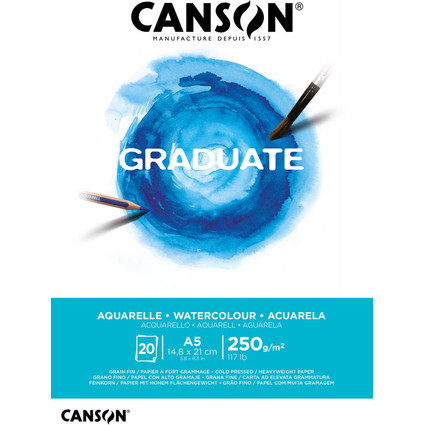 Canson Graduate Acquerello Blocco incollato da 20 fogli A5 - 250 g - Grana fine - Colore bianco