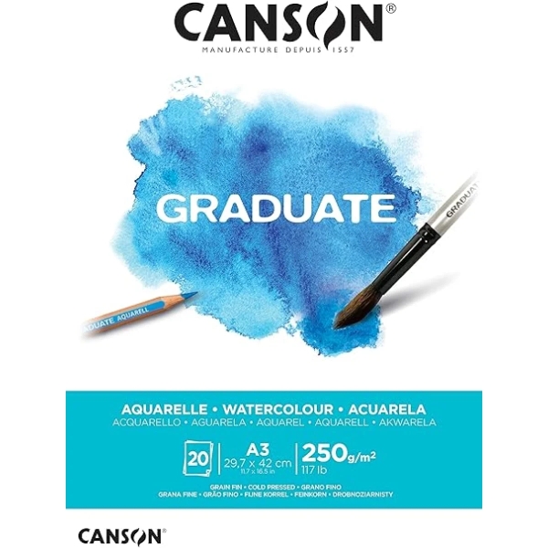 Canson Graduate Acquerello Blocco incollato da 20 fogli A3 - 250 g - Grana fine - Colore bianco