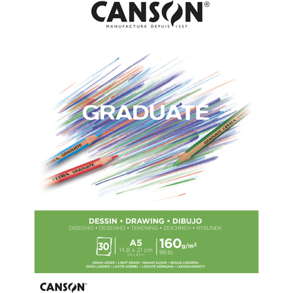 Canson Graduate Blocco da disegno incollato da 30 fogli A5 - 160 g - Grana fine - Colore bianco naturale