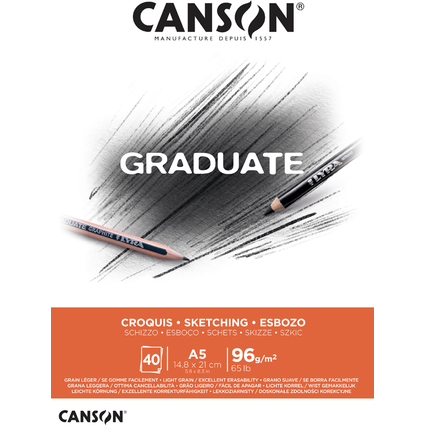Canson Graduate Sketch Bloc incollato da 40 fogli A5 - 96 g - Grana fine - Colore bianco