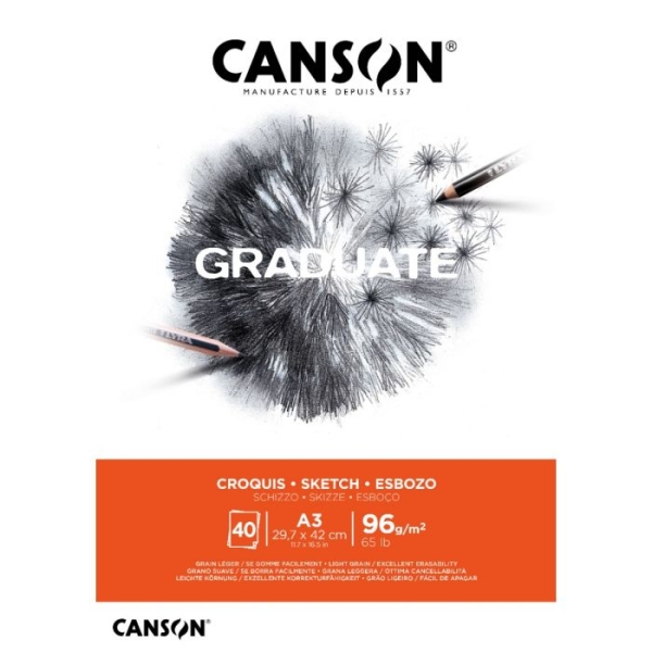 Blocco da disegno Canson Graduate incollato da 40 fogli A3 - 96 g - Grana fine - Colore bianco