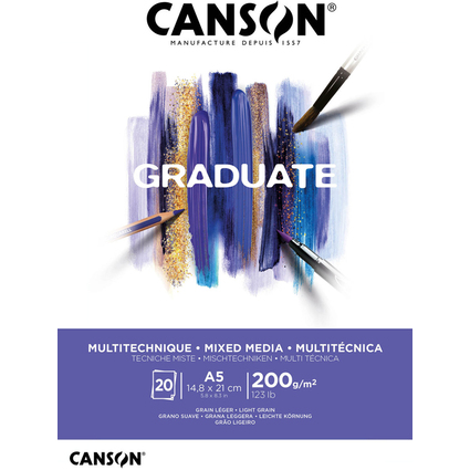 Canson Graduate Mix Media Bloc Incollato da 20 fogli A5 da 200 g - Grana fine - Colore bianco