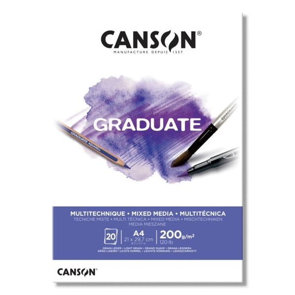 Canson Graduate Mix Media Bloc Incollato da 20 fogli A4 da 200 g - Grana fine - Colore bianco Canson Graduate Mix Media Bloc Incollato da 20 fogli A4 da 200 g - Grana fine - Colore bianco