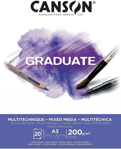 Canson Graduate Mix Media Bloc Incollato da 20 fogli A3 da 200 g - Grana fine - Colore bianco Canson Graduate Mix Media Bloc Incollato da 20 fogli A3 da 200 g - Grana fine - Colore bianco