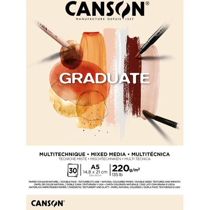 Canson Graduate Mix Media Bloc Incollato da 30 fogli A5 - 220 g - Grana fine - Colore ocra