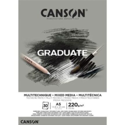 Blocco Canson Graduate Mixed Media incollato da 30 fogli A5 - 220 g - Grana fine - Colore grigio