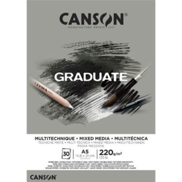 Blocco Canson Graduate Mixed Media incollato da 30 fogli A5 - 220 g - Grana fine - Colore grigio Blocco Canson Graduate Mixed Media incollato da 30 fogli A5 - 220 g - Grana fine - Colore grigio