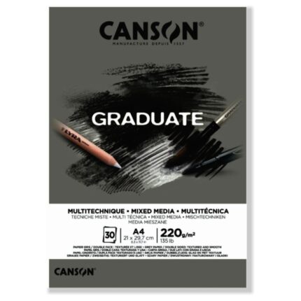 Blocco Canson Graduate Mix Media incollato da 30 fogli A4 - 220 g - Grana fine - Colore grigio