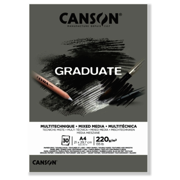Blocco Canson Graduate Mix Media incollato da 30 fogli A4 - 220 g - Grana fine - Colore grigio