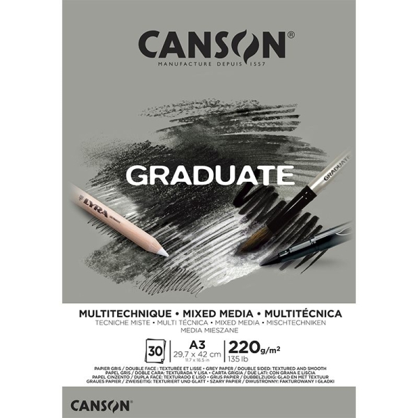 Blocco Canson Graduate Mix Media incollato da 30 fogli A3 - 220 g - Grana fine - Colore grigio