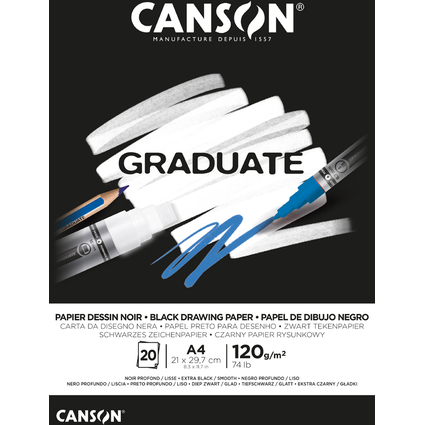 Canson Graduate Black Bloc Incollato da 20 fogli A4 - 120 g - Grana fine - Colore nero