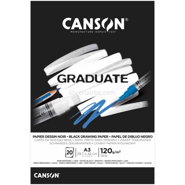 Canson Graduate Black Bloc Incollato da 20 fogli A3 - 120 g - Grana fine - Colore nero