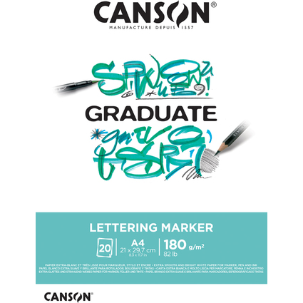 Canson Graduate Lettering Blocco per pennarelli incollato da 20 fogli A4 - 180 g - Satinato - Colore bianco