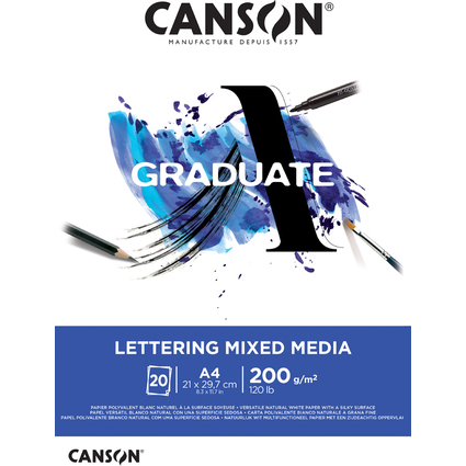 Canson Graduate Lettering Multitecnica Blocco incollato da 20 fogli A4 da 200 g - Satinato - Colore bianco