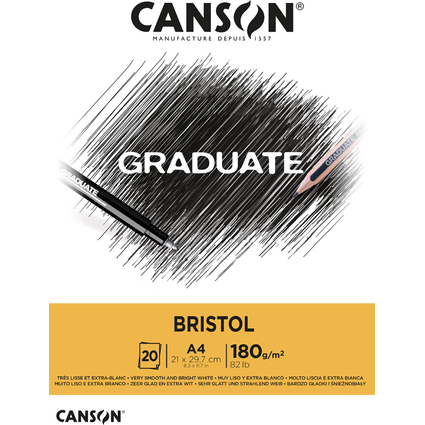 Blocco Canson Graduate Bristol incollato da 20 fogli A4 - 180 g - Extra liscio - Colore bianco