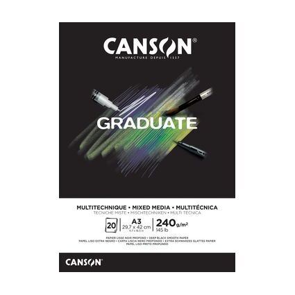 Canson Graduate Mix Media Bloc Incollato da 20 fogli A5 - 240 g - Grana fine - Colore nero