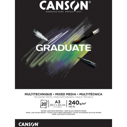 Canson Graduate Mix Media Bloc Incollato da 20 fogli A3 - 240 g - Grana fine - Colore nero