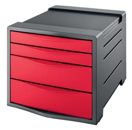 Esselte Europost Vivida Buc a 4 cassetti - 2 misure di cassetti - Scorrimento fluido - Base con gomma antiscivolo - Colore Grigio/Rosso