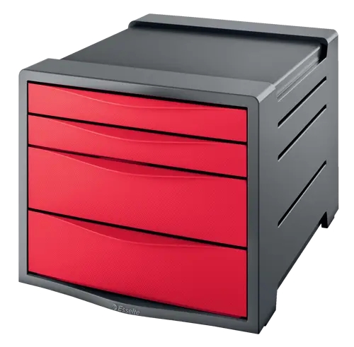 Esselte Europost Vivida Buc a 4 cassetti - 2 misure di cassetti - Scorrimento fluido - Base con gomma antiscivolo - Colore Grigio/Rosso