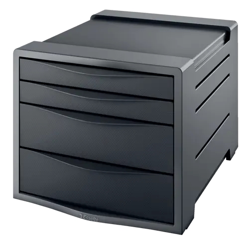 Esselte Europost Vivida Buc a 4 cassetti - 2 misure di cassetti - Scorrimento fluido - Base con gomma antiscivolo - Colore grigio/nero