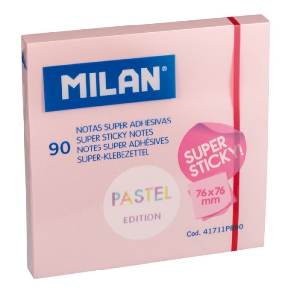 Milan Blocco da 90 foglietti super adesivi - Rimovibili - Maggiore tenuta - 76 mm x 76 mm - Colore rosa pastello